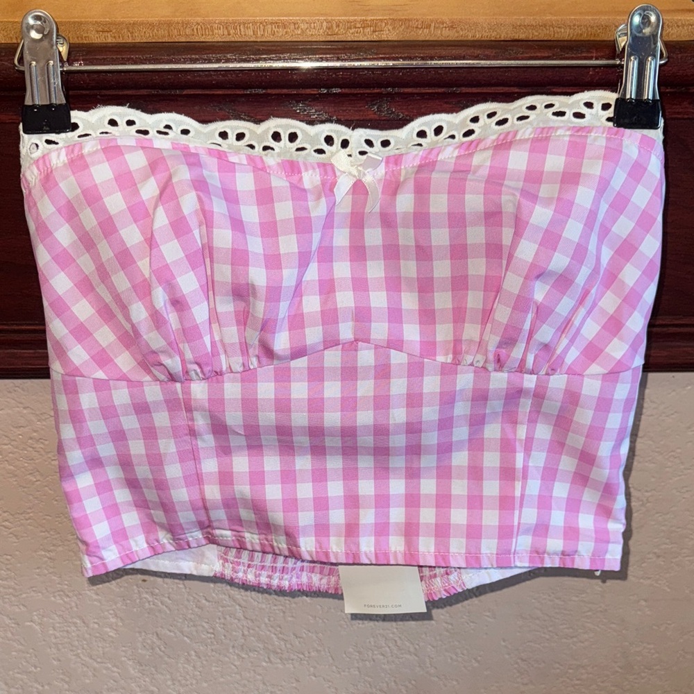 Forever 21 Womens Pink Gingham Plaid Checkered Top with Lace Strapless NWT Shirt
